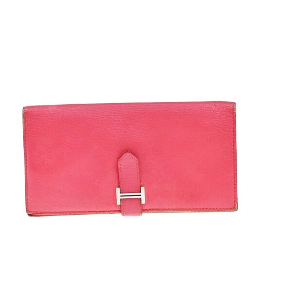 HERMES Logo Bearn Long Bifold Wallet Chevre Leather Pink France - Picture 1 of 14